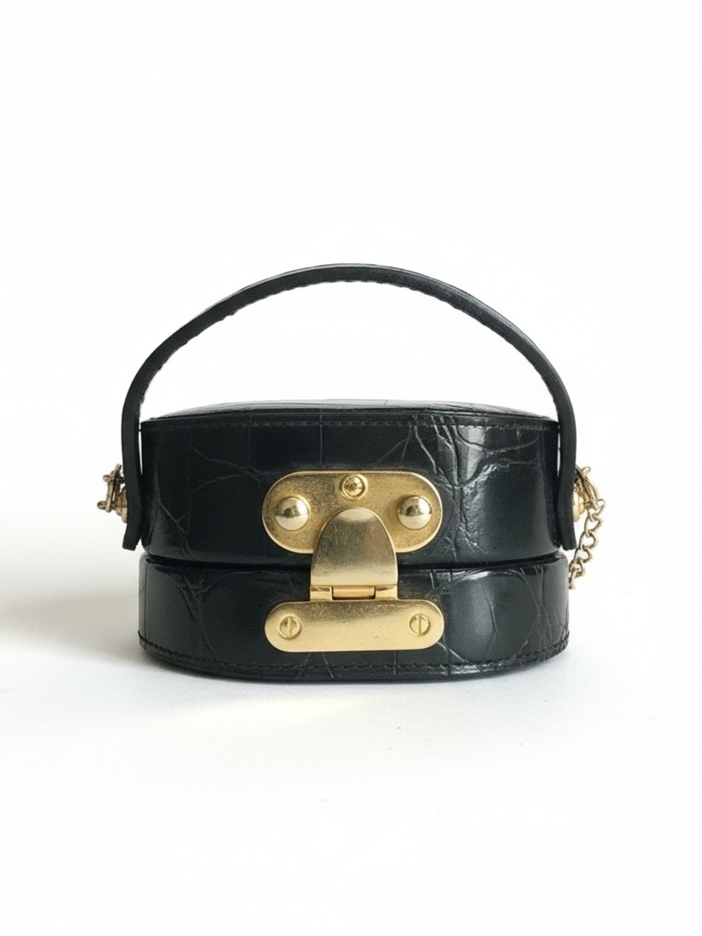 St. John Black Croc-Embossed Round Top-Handle Mini Bag with Gold Chain - Picture 6 of 8